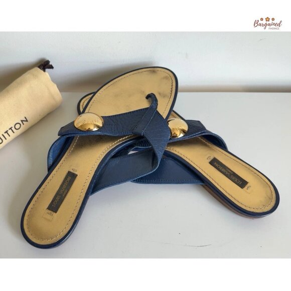 Authentic Louis Vuitton Navy Leather Chaussures Slides Thong Sandals 38.5/8.5 - Picture 9 of 13